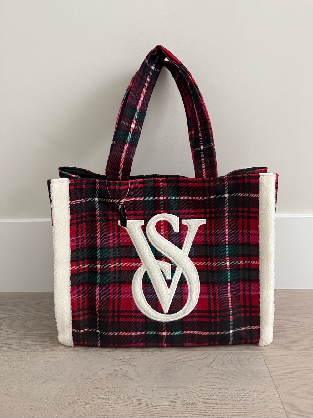 Victoria's Secret Red and Green Plaid Tote with White Sherpa Accents